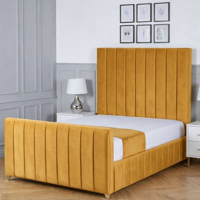Living Comfort Bedz Zenith Plush Velvet Upholstered Bed Slatted Base with 48Inch Headboard in Mustard - Size: Super King - image 1