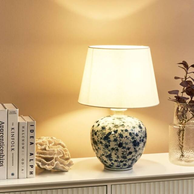 Wyld and Coco Porcelain Floral Table Lamp White Base Blue Flower Detail Linen - image 1