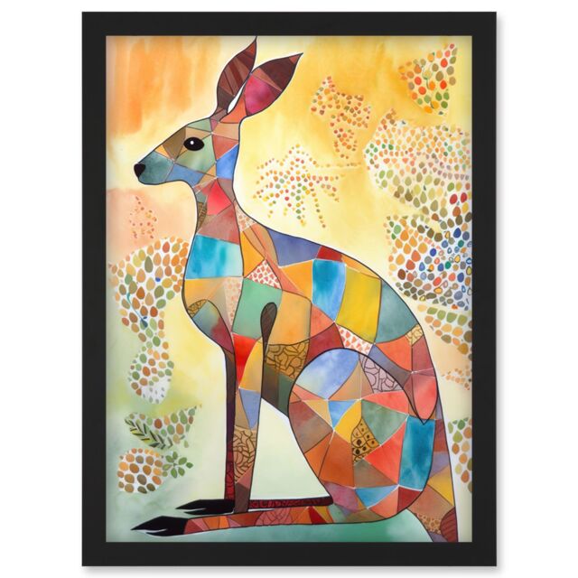 Artery8 Multicoloured Kangaroo Folk Art Watercolour Painting Artwork Framed Wall Art Print A4 in Black - image 1