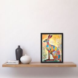Artery8 Multicoloured Kangaroo Folk Art Watercolour Painting Artwork Framed Wall Art Print A4 in Black - thumbnail 2