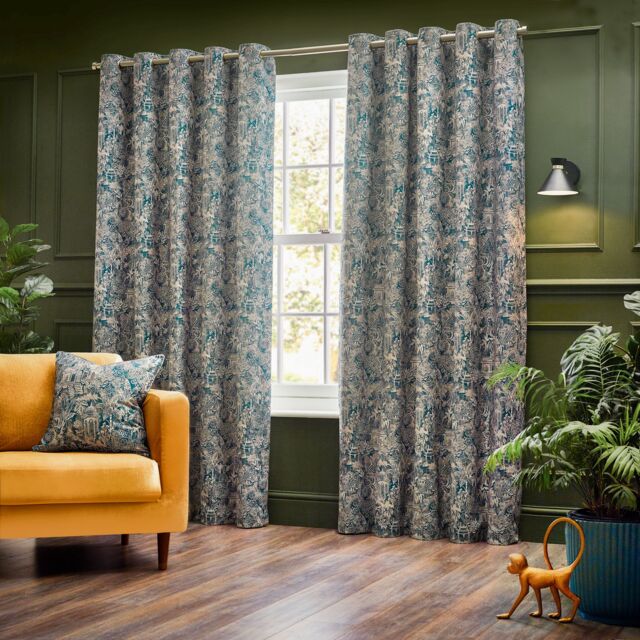 Wylder Tropics Bengal Chenille Eyelet Curtains in Blue - Size: 229 cm width x 137 cm drop - image 1