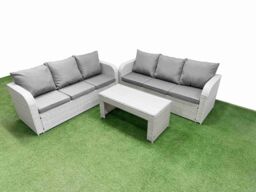 Fimous Outdoor Garden Furniture Sets 6 Seater Wicker Rattan Furniture Sofa Sets with Oblong Coffee Table high Back Lounge Sofa Light Grey - thumbnail 1