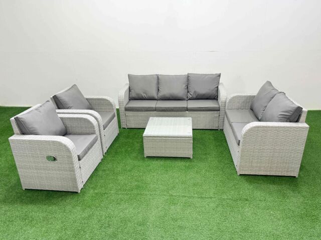 Fimous PE Rattan Garden Furniture Set Adjustable Chair Sofa Double Love Seat 2 Seater Sofa Lounge Set Square Coffee Table Light Grey - image 1