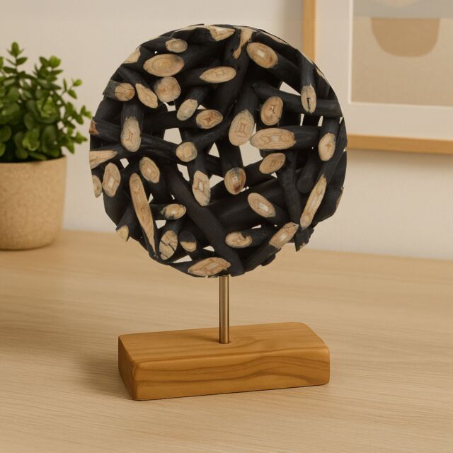 Orsina Small Wooden Sculpture, Round Shape Natural & Black Teak Wood Sculpture, Modern Wooden Sculpture for Home - image 1