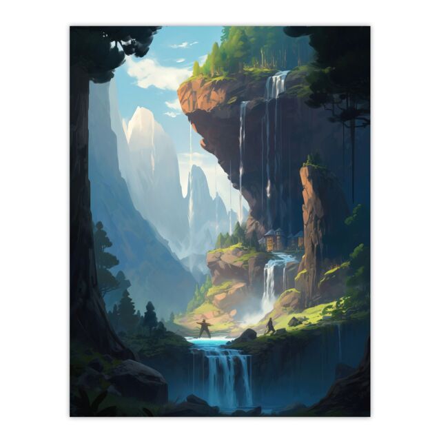 Artery8 Wall Art Print Under a Cascading Waterfall Concept Art Painting Blue Green Orange Hidden Kingdom in Dreamy Cliff Landscape Poster - image 1