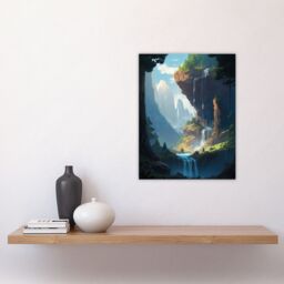 Artery8 Wall Art Print Under a Cascading Waterfall Concept Art Painting Blue Green Orange Hidden Kingdom in Dreamy Cliff Landscape Poster - thumbnail 4