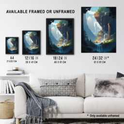 Artery8 Wall Art Print Under a Cascading Waterfall Concept Art Painting Blue Green Orange Hidden Kingdom in Dreamy Cliff Landscape Poster - thumbnail 3
