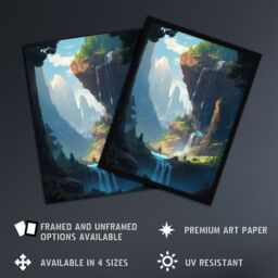 Artery8 Wall Art Print Under a Cascading Waterfall Concept Art Painting Blue Green Orange Hidden Kingdom in Dreamy Cliff Landscape Poster - thumbnail 2