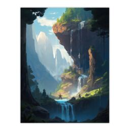 Artery8 Wall Art Print Under a Cascading Waterfall Concept Art Painting Blue Green Orange Hidden Kingdom in Dreamy Cliff Landscape Poster - thumbnail 1