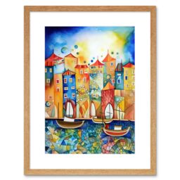 "Artery8 Wall Art Print Abstract Sailing Seafront Folk Artwork Framed 9X7 Inch in Beige - Size: W7"" x H9""" - thumbnail 1
