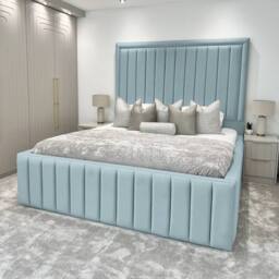 Living Comfort Bedz Hampton Slatted Base Upholstered Bed with 54-Inch panel Headboard in Light Blue - Size: King - thumbnail 1