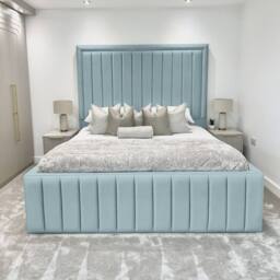 Living Comfort Bedz Hampton Slatted Base Upholstered Bed with 54-Inch panel Headboard in Light Blue - Size: King - thumbnail 2
