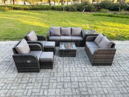 Fimous 9 Seater Garden Furniture Set Rattan Outdoor Lounge Sofa Chair With Tempered Glass Table Side Table 2 Small Footstools Dark Grey Mixed - thumbnail 2