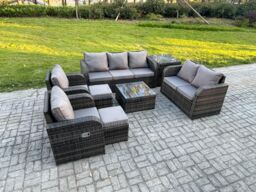 Fimous 9 Seater Garden Furniture Set Rattan Outdoor Lounge Sofa Chair With Tempered Glass Table Side Table 2 Small Footstools Dark Grey Mixed - thumbnail 1