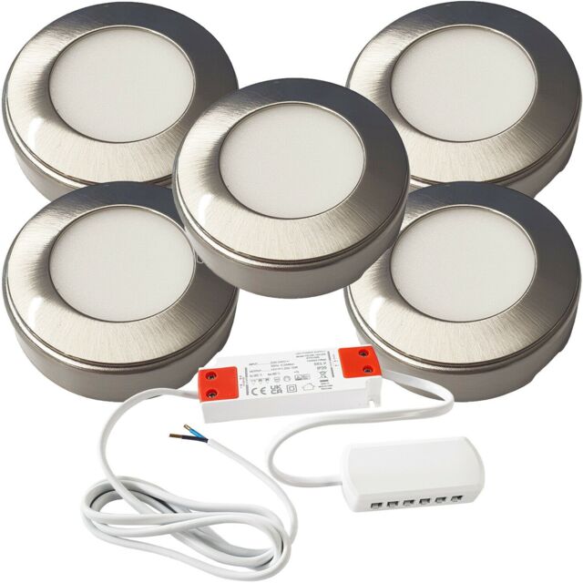 Loops 5x BRUSHED NICKEL Round Surface or Flush Under Cabinet Kitchen Light & Driver Kit - Warm White LED in Metallics - image 1