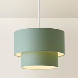 ValueLights Jodie Linen Two Tier Easy Fit Drum Ceiling Pendant Light Lamp Shade in Pale Green - thumbnail 3