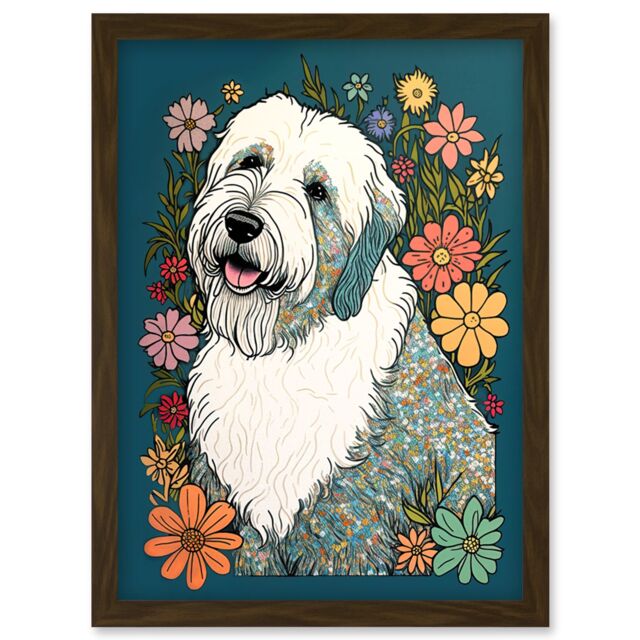 Artery8 English Sheepdog with Multicolour Daisies Bright Flowers Modern Illustration Artwork Framed Wall Art Print A4 in Brown - image 1