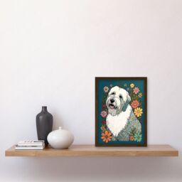 Artery8 English Sheepdog with Multicolour Daisies Bright Flowers Modern Illustration Artwork Framed Wall Art Print A4 in Brown - thumbnail 2