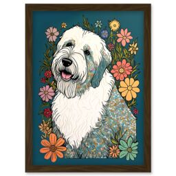 Artery8 English Sheepdog with Multicolour Daisies Bright Flowers Modern Illustration Artwork Framed Wall Art Print A4 in Brown - thumbnail 1