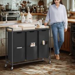 Pirlo Plush Industrial 3 Compartment Laundry Basket With Shelf in Brown - thumbnail 5