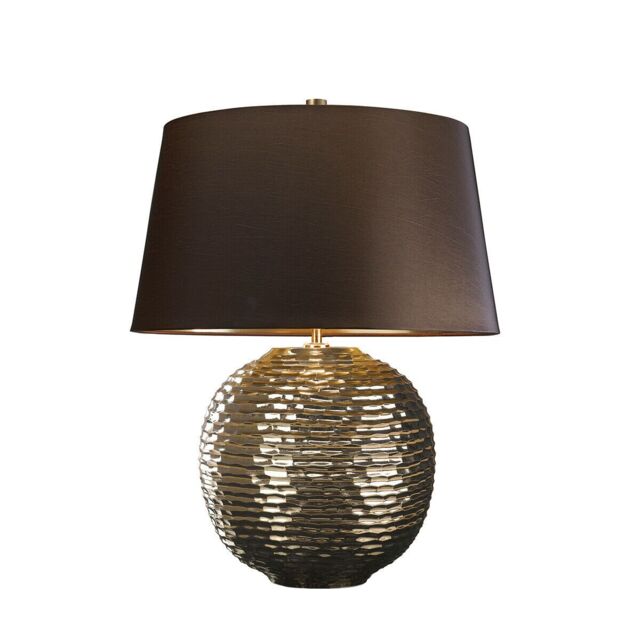 Loops Table Lamp Textured Gold Glaze Brown Faux Silk Shade Finial Gold LED E27 60W - image 1