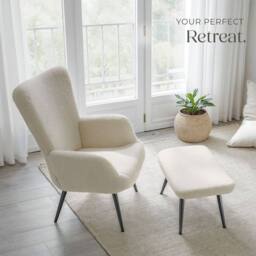 tectake Armchair Hygge With Stool - Bouclé Cream/Black in Cream - thumbnail 9