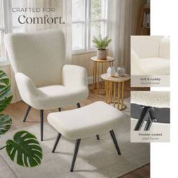 tectake Armchair Hygge With Stool - Bouclé Cream/Black in Cream - thumbnail 7