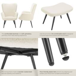 tectake Armchair Hygge With Stool - Bouclé Cream/Black in Cream - thumbnail 5