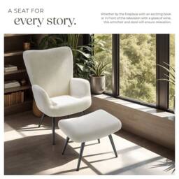 tectake Armchair Hygge With Stool - Bouclé Cream/Black in Cream - thumbnail 3