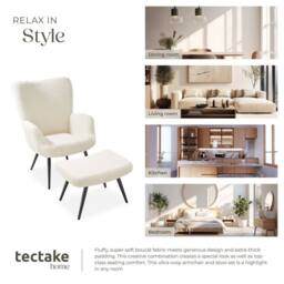 tectake Armchair Hygge With Stool - Bouclé Cream/Black in Cream - thumbnail 8