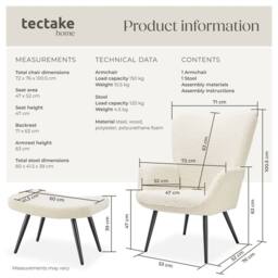 tectake Armchair Hygge With Stool - Bouclé Cream/Black in Cream - thumbnail 6