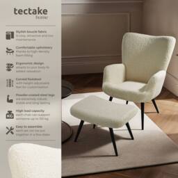 tectake Armchair Hygge With Stool - Bouclé Cream/Black in Cream - thumbnail 2