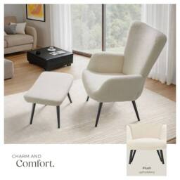 tectake Armchair Hygge With Stool - Bouclé Cream/Black in Cream - thumbnail 4