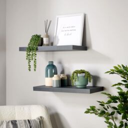 Home Source Pair of 60cm Floating Storage Shelf Wall Mounted Wooden Book Shelves in Grey - thumbnail 1