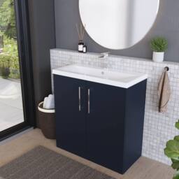 Balterley Contemporary Bathroom Floor Standing 2 Soft-Close Door Vanity Unit & Mid-Edge Ceramic Basin, Midnight Blue, 800 mm in Blue - thumbnail 4