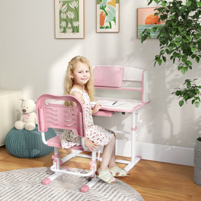 ZONEKIZ Kids Desk & Chair Set, Height Adjustable Study Table for 6-12 Years in Pink - image 1