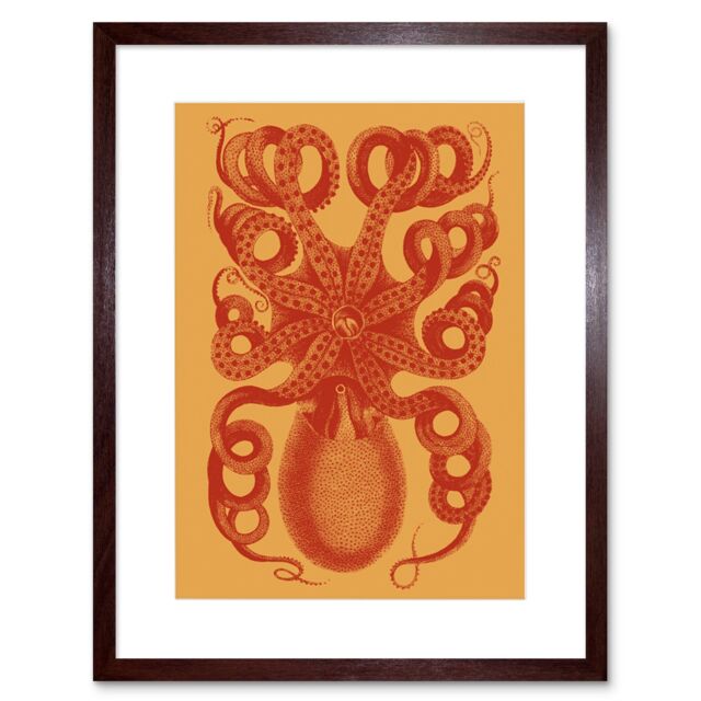 "Artery8 Wall Art Print Octopus Coral Yellow Art Framed 9x7 inch in Brown - Size: W7"" x H9""" - image 1