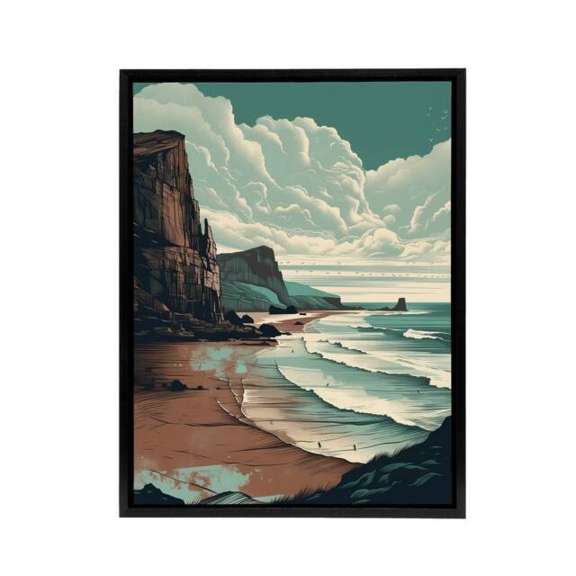 "Artery8 Cliff Bay Dramatic Coastal Landscape Framed Canvas Wall Art Print in Blue - Size: W12"" x H16""" - image 1