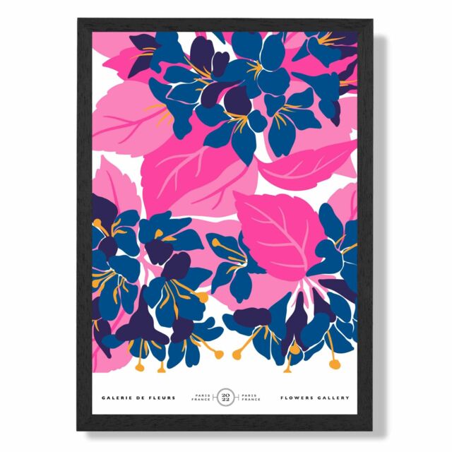 ARTZE Abstract Blue & Pink Blossom Flower Market Gallery Framed Print SIZE: A3 with Black Frame in Mid Blue - image 1