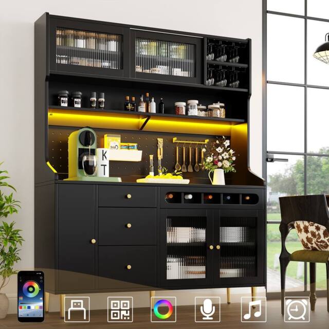 Rolipo Black Highboard Storage Cabinet with LED Lights & Wine Rack - image 1