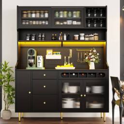 Rolipo Black Highboard Storage Cabinet with LED Lights & Wine Rack - thumbnail 3