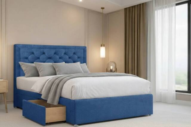 "Chester & Oakley Valencia Plush Divan Bed Base 4 Drawers - 26"" Headboard in Navy - Size: King" - image 1