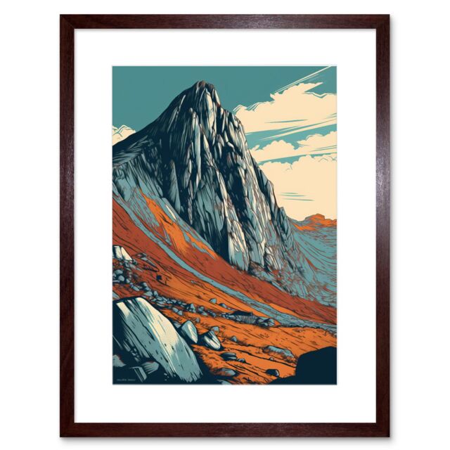 "Artery8 Wall Art Print Tryfan Mountain Peak Landscape Teal Brown Linocut Artwork Framed 9X7 Inch - Size: W7"" x H9""" - image 1