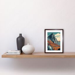 "Artery8 Wall Art Print Tryfan Mountain Peak Landscape Teal Brown Linocut Artwork Framed 9X7 Inch - Size: W7"" x H9""" - thumbnail 2
