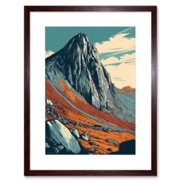 "Artery8 Wall Art Print Tryfan Mountain Peak Landscape Teal Brown Linocut Artwork Framed 9X7 Inch - Size: W7"" x H9""" - thumbnail 1