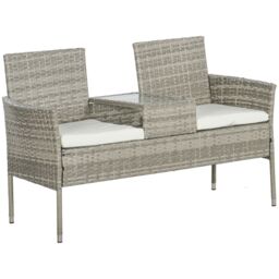 OUTSUNNY Rattan Garden Bench w/ Glass Tea Table, Wicker Chair w/ Cushions in Cream - thumbnail 2