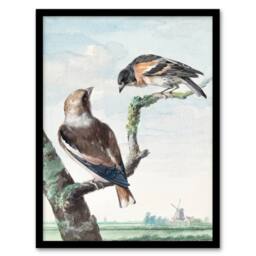 "Artery8 Two Hawfinch Birds in Rural Landscape Schouman Framed Wall Art Print in Blue - Size: W12"" x H16""" - thumbnail 1