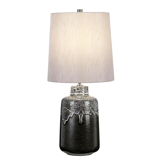 Loops Table Lamp White Drip Glaze Faux Linen Tapered Cylinder Silver Shade LED E27 60W - image 1