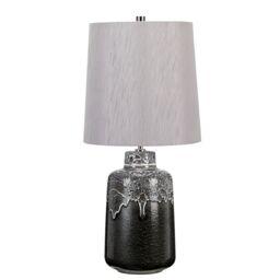 Loops Table Lamp White Drip Glaze Faux Linen Tapered Cylinder Silver Shade LED E27 60W - thumbnail 2