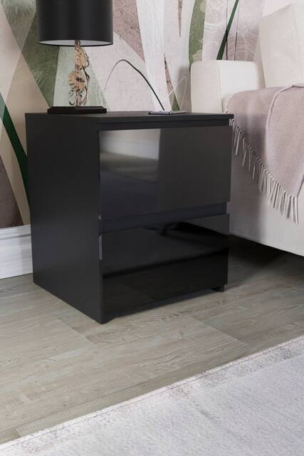 HD Designs Glinton 'HIGH GLOSS 2 Drawer Bedside Chest' Storage Bedroom Furniture in Black - image 1